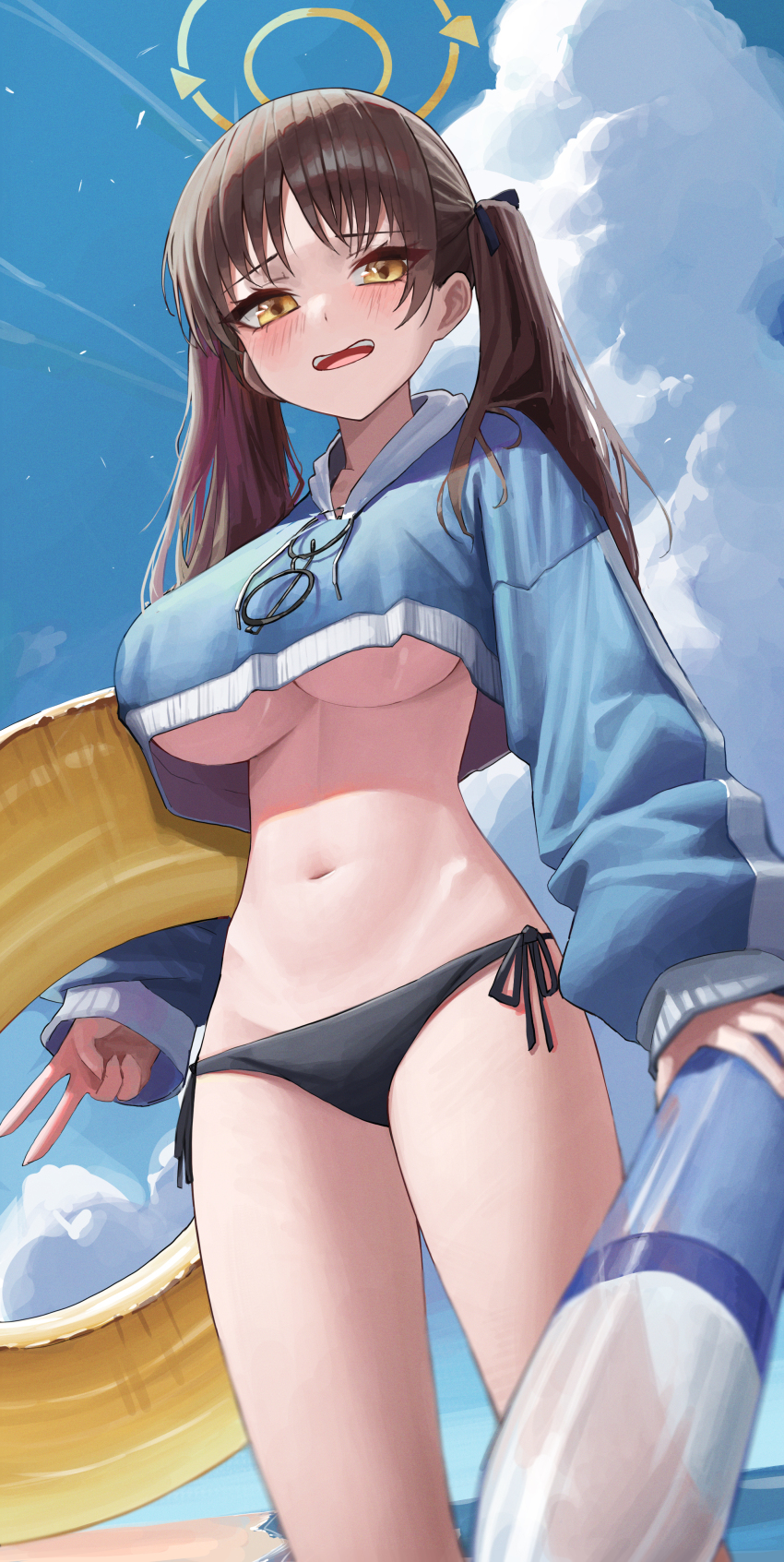 1girl, absurdres, bikini, bikini_bottom_only, black-framed_eyewear, black_bikini, blue_archive, blue_hoodie, breasts, brown_hair, cloud, crop_top, crop_top_overhang, cropped_hoodie, day, drawstring, eyewear_hang, glasses, hair_ribbon, halo, highres, holding, hood, hood_down, hoodie, hwan_(verypoor), inflatable_torpedo, inflatable_toy, innertube, large_breasts, long_hair, long_sleeves, looking_at_viewer, moe_(blue_archive), moe_(swimsuit)_(blue_archive), navel, no_pants, official_alternate_costume, open_mouth, outdoors, puffy_long_sleeves, puffy_sleeves, ribbon, round_eyewear, side-tie_bikini_bottom, smile, solo, standing, stomach, swim_ring, swimsuit, thighs, twintails, underboob, unworn_eyewear, v, yellow_eyes