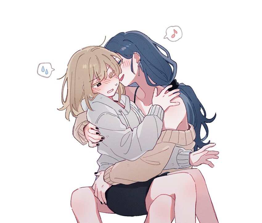 2girls, bare_legs, bare_shoulders, black_eyes, black_nails, blue_hair, blush, brown_hair