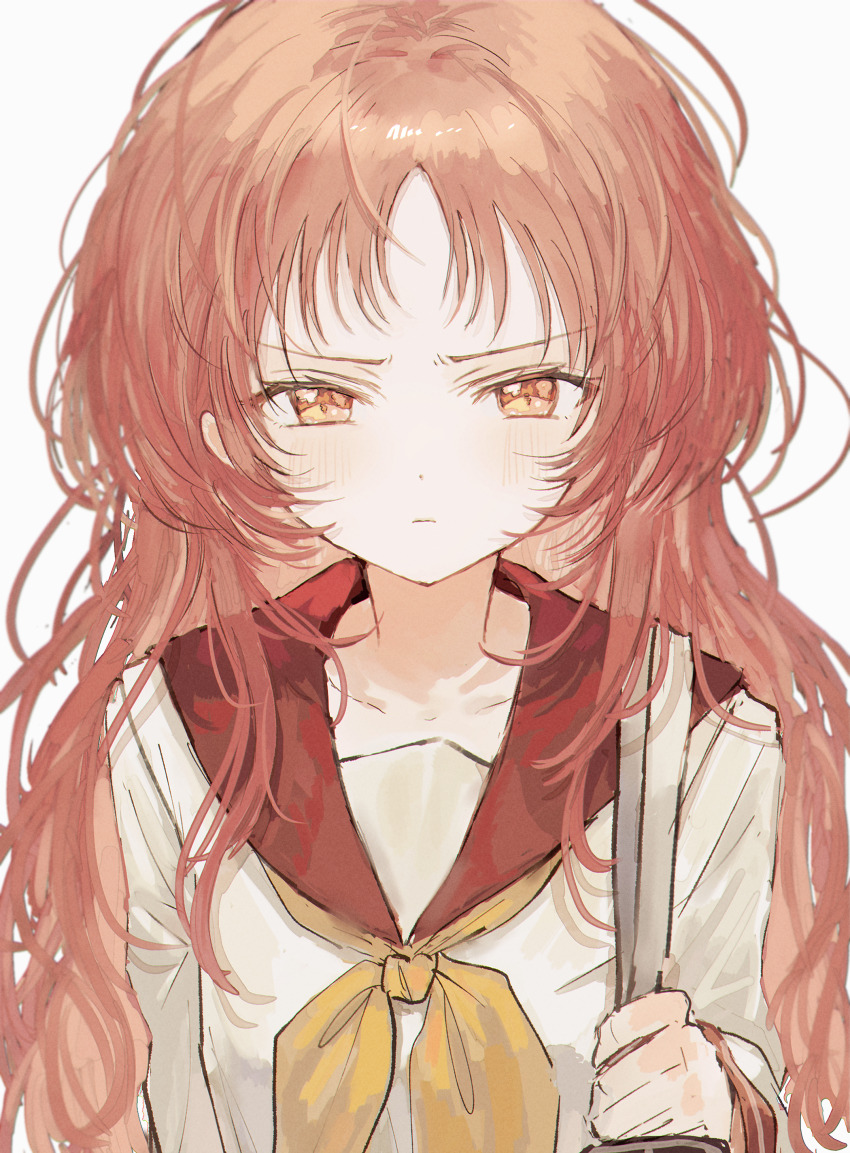 1girl, :|, absurdres, arm_at_side, bag, blush, closed_mouth, collarbone