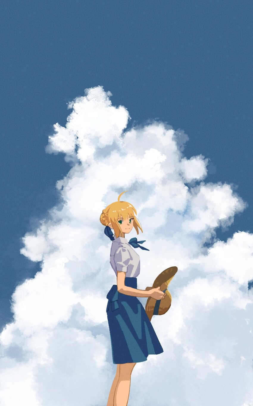 1girl, ahoge, artoria_pendragon_(fate), bare_legs, blonde_hair, blue_ribbon, blue_skirt, blue_sky, breasts, cloud, duck11_rp, fate/stay_night, fate_(series), feet_out_of_frame, green_eyes, hat, highres, holding, holding_unworn_clothes, holding_unworn_hat, light_smile, looking_at_viewer, looking_to_the_side, medium_breasts, ribbon, saber_(fate), shirt, skirt, sky, solo, straw_hat, unworn_hat, unworn_headwear, white_shirt