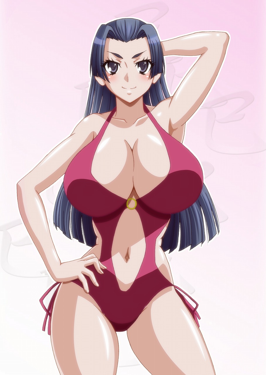 1girl, alternate_breast_size_(larger), arm_behind_head, arm_up, armpits, bare_arms, bare_shoulders, black_hair