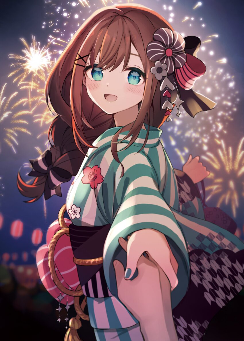 1girl, absurdres, aerial_fireworks, alternate_costume, aqua_eyes, aqua_kimono, aqua_nails, black_bow