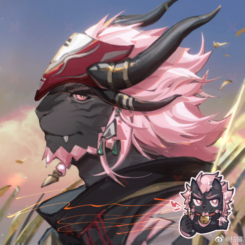 1boy, bara, beard, black_horns, cat_boy, chibi, chibi_inset, earrings, facial_hair, final_fantasy, final_fantasy_xiv, from_side, furry, furry_male, gradient_sky, grey_fur, highres, horns, hrothgar, jewelry, kuyao, looking_at_viewer, male_focus, mature_male, medium_hair, multiple_horns, pink_eyes, pink_hair, portrait, profile, seductive_smile, sideways_glance, sky, smile, solo, warrior_of_light_(ff14), wind