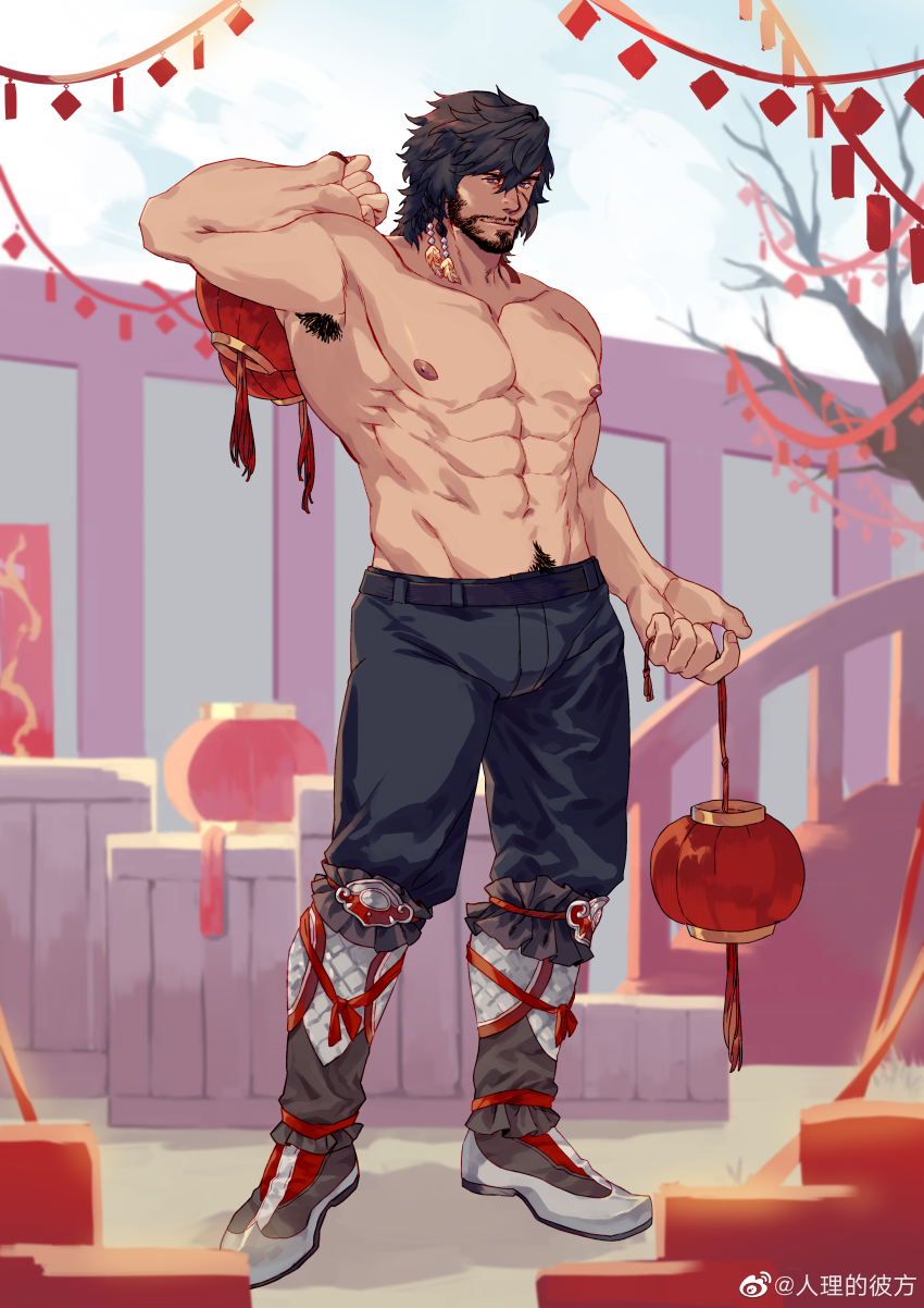 1boy, abs, absurdres, armpit_hair, artist_request, bara, beard, belt, braid, chinese_clothes, chinese_new_year, facial_hair, final_fantasy, final_fantasy_xiv, full_body, highres, holding, holding_lantern, hy_the_highlander, lantern, large_pectorals, light_smile, long_hair, looking_at_viewer, male_focus, mature_male, medium_hair, multiple_braids, mustache, navel, navel_hair, nipples, obliques, pectorals, red_theme, scar, second-party_source, shoes, solo, thick_eyebrows, topless_male, warrior_of_light_(ff14)