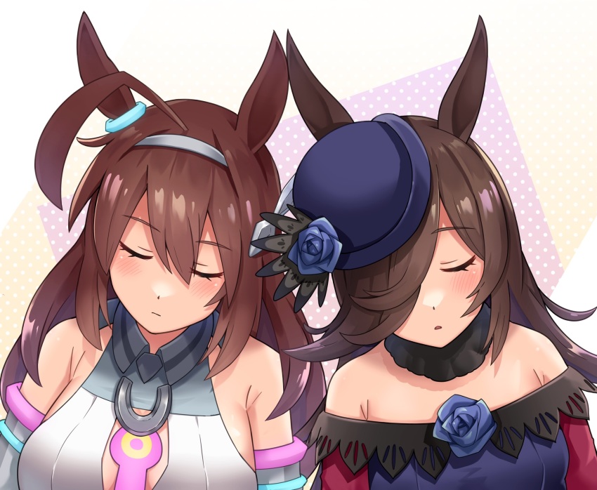 2girls, ahoge, animal_ears, blue_dress, blue_eyes, blue_flower, blue_headwear, blue_rose