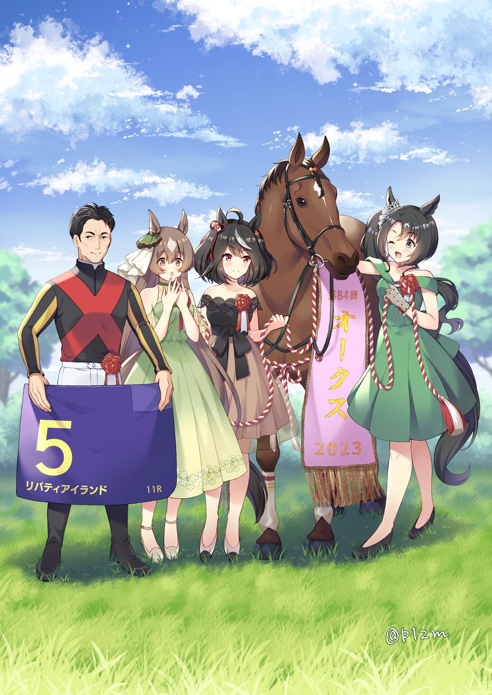 1boy, 2023, 3girls, :o, ;d, ahoge, alternate_costume, animal_ears, black_footwear, black_hair, bob_cut, boots, brown_dress, brown_eyes, brown_hair, dress, ear_ornament, flower_ornament, gloves, grass, green_dress, green_eyes, high_heels, highres, horse_ears, horse_girl, horse_tail, jockey, kawada_yuuga, kitasan_black_(umamusume), komi_zumiko, liberty_island_(racehorse), long_hair, looking_at_viewer, multicolored_hair, multiple_girls, one_eye_closed, open_mouth, real_life, red_ribbon, ribbon, satono_crown_(umamusume), satono_diamond_(umamusume), short_hair, side_ponytail, sleeveless, sleeveless_dress, smile, streaked_hair, tail, twitter_username, two-tone_hair, umamusume, white_footwear, white_hair, yushun_hinba