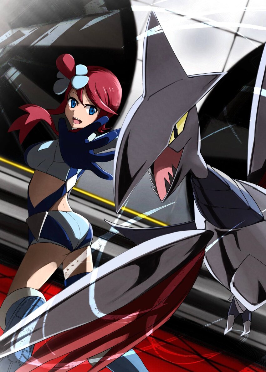 1girl, ass, bird, blue_eyes, boots, breasts, crop_top, from_behind