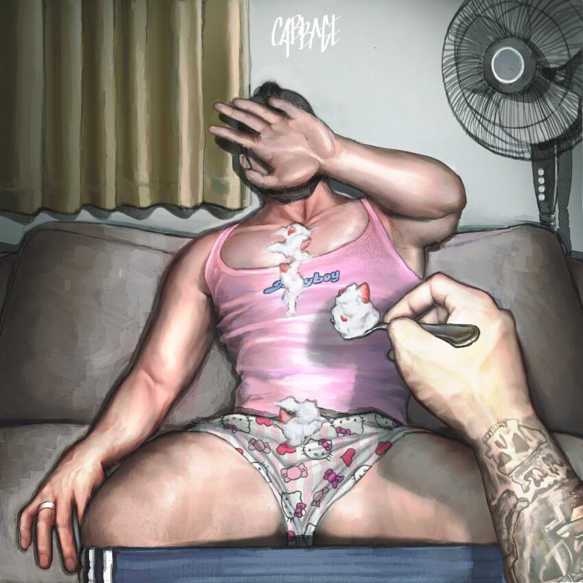 2boys, arm_tattoo, artist_name, asymmetrical_hair, bara, black_hair, black_pants, cabbagecandraw