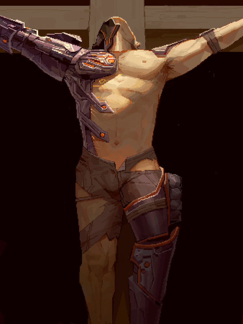1boy, animated, animated_gif, armpit_hair, armpits, bara, body_markings, breathing_(animated), bulge, character_request, copyright_request, crucifixion, cyborg, electrostimulation, feet_out_of_frame, glowing_markings, highres, large_pectorals, male_focus, muscular, muscular_male, navel, nipples, open_fly, outstretched_arms, pants, pectorals, pixel_art, prosthesis, prosthetic_arm, shizhen36, solo, spread_arms, stomach, topless_male, torn_clothes, torn_pants, torture