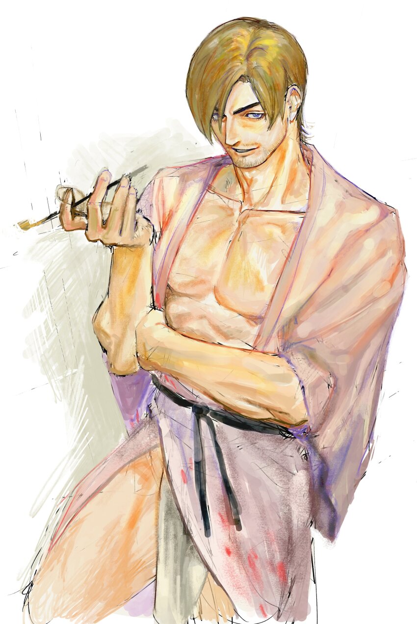 123456dyom, 1boy, absurdres, alternate_costume, bara, blonde_hair, cropped_legs, curtained_hair, facial_hair, goatee_stubble, highres, holding, holding_smoking_pipe, japanese_clothes, kimono, large_pectorals, leon_s._kennedy, limp_wrist_(meme), looking_at_viewer, male_focus, mature_male, meme, muscular, muscular_male, mustache_stubble, pectoral_cleavage, pectorals, pelvic_curtain, pink_kimono, resident_evil, seductive_smile, short_hair, sketch, smile, smoking_pipe, solo, stubble, thick_eyebrows, thighs, v-shaped_eyebrows
