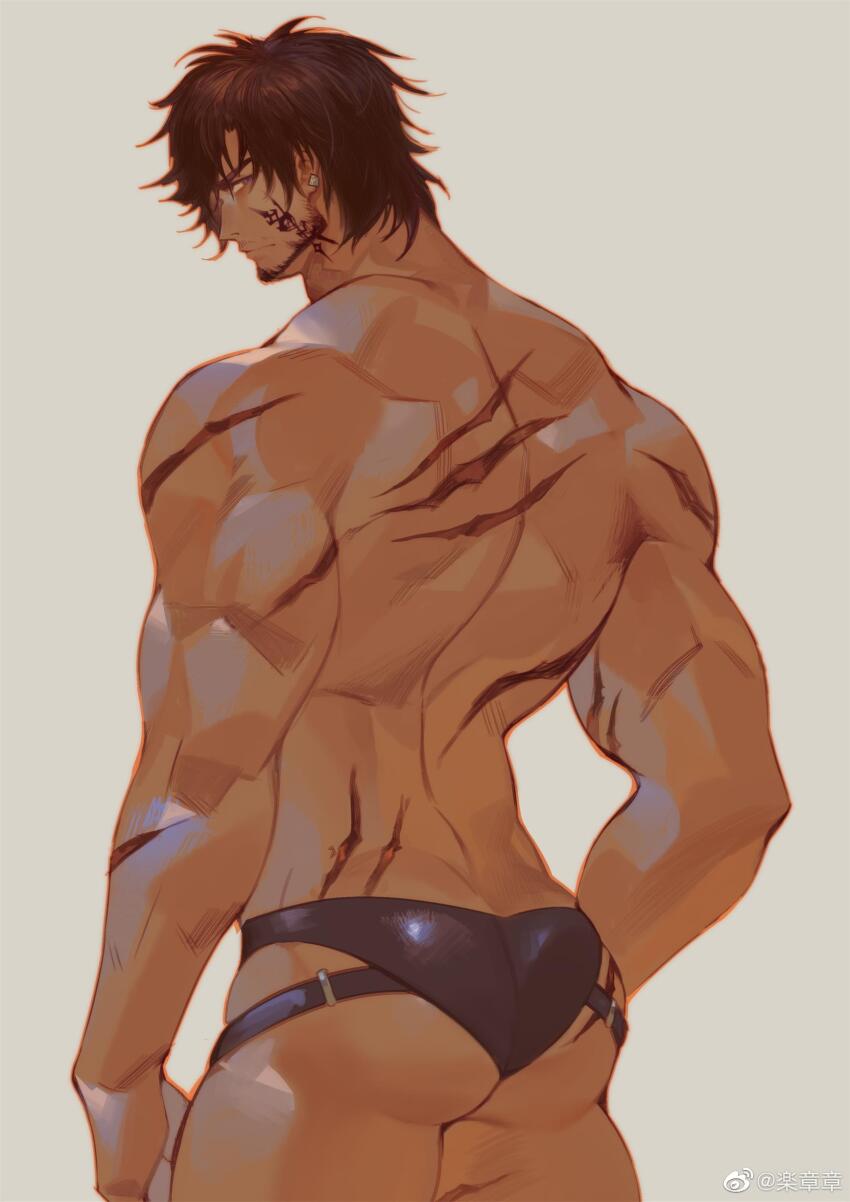 1boy, absurdres, ass, back, back_focus, bara, beard, black_hair, black_male_underwear, chinstrap_beard, clive_rosfield, dark-skinned_male, dark_skin, ear_piercing, final_fantasy, final_fantasy_xvi, from_behind, highres, le_zhang_zhang, looking_at_viewer, looking_back, male_focus, male_underwear, mature_male, muscular, muscular_male, piercing, scar, scar_on_back, short_hair, solo, strap, thick_eyebrows, thick_thighs, thighs, topless_male, unconventional_male_underwear, underwear, v-taper