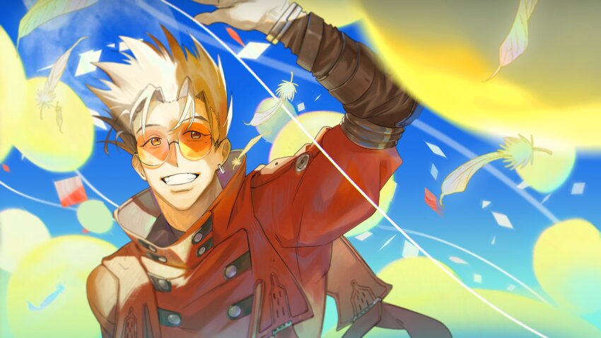 1boy, arm_up, balloon, blonde_hair, day, earrings, english_text, falling_feathers, feathers, glasses, grin, highres, jacket, jewelry, long_sleeves, male_focus, mole, mole_under_eye, orange-tinted_eyewear, outdoors, red_jacket, round_eyewear, short_hair, single_earring, sky, smile, solo, teeth, thy_tin, tinted_eyewear, trigun, upper_body, vash_the_stampede