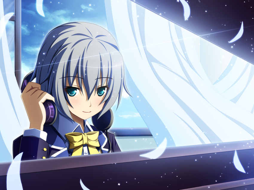 1girl, akashio_(loli_ace), blazer, blue_eyes, bow, bowtie, cloud, curtains