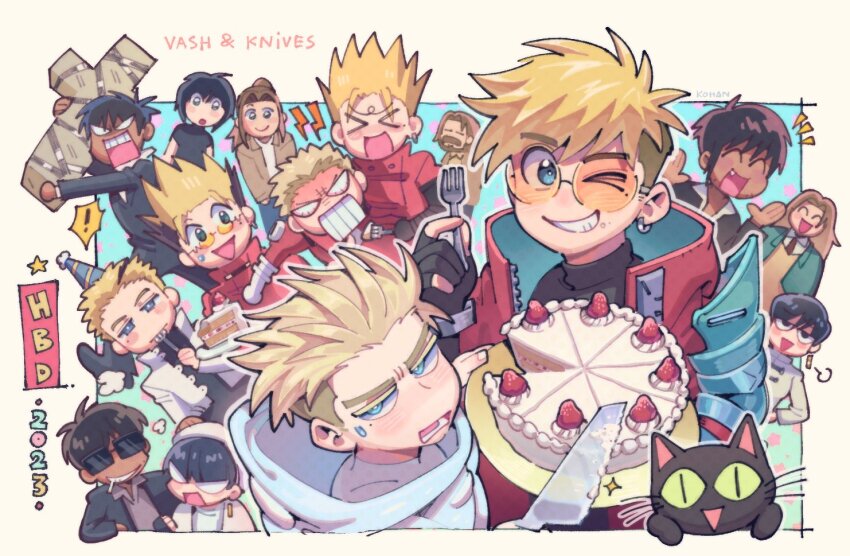 >_<, 4girls, 6+boys, :d, ^_^, beret, birthday_cake, black_shirt