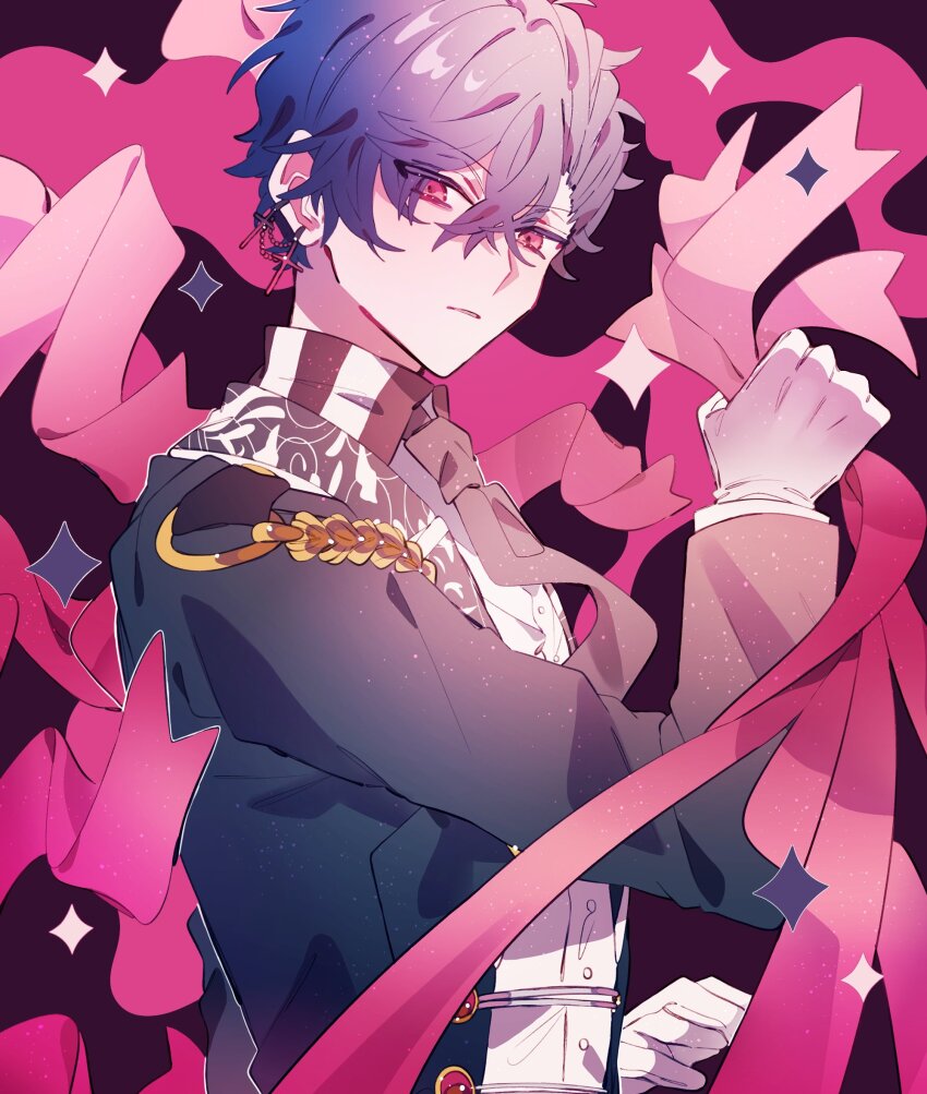 1boy, akuma_shitsuji_to_kuroi_neko, blue_hair, blue_jacket, collared_shirt, cross, cross_earrings, earrings