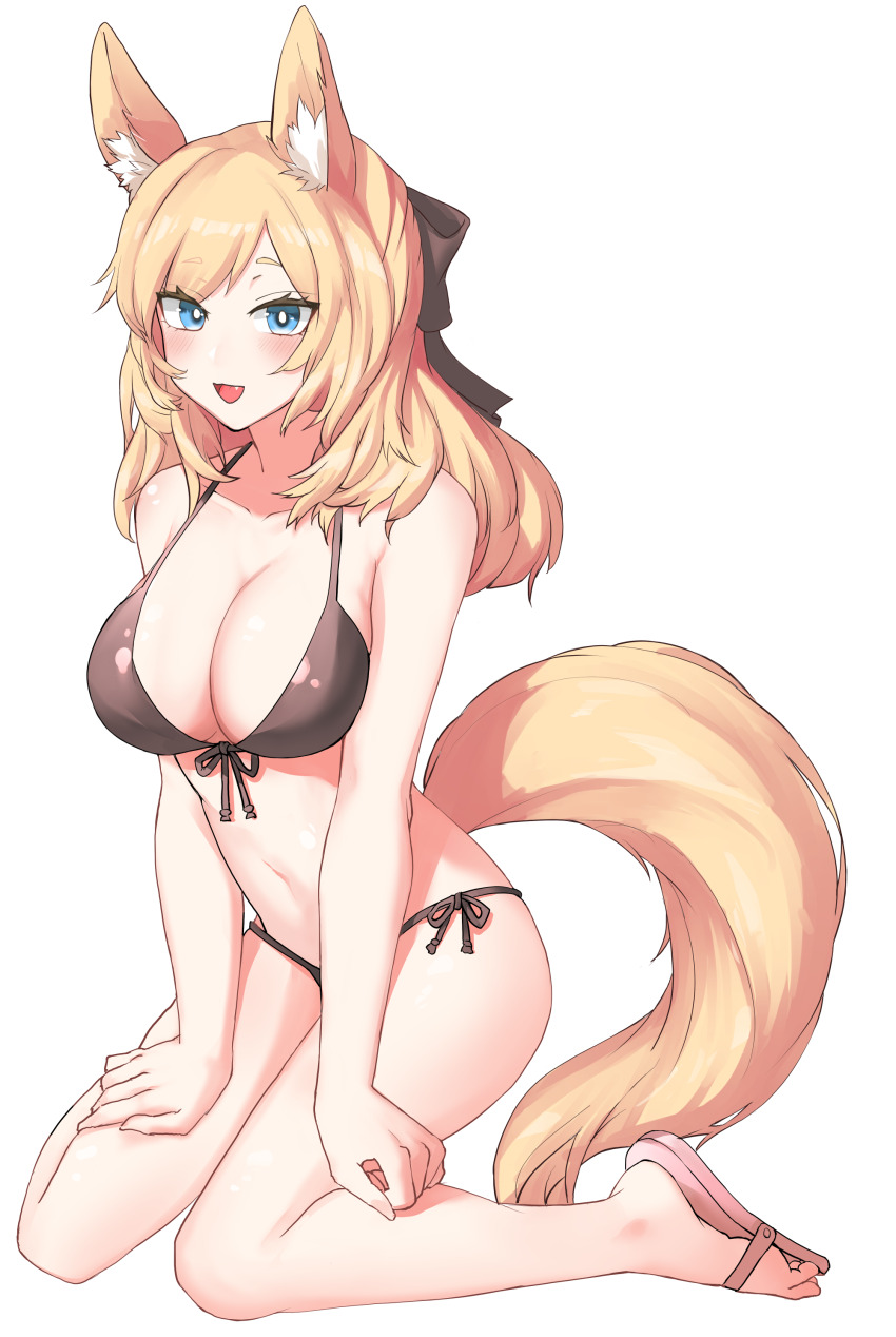 1girl, :d, absurdres, animal_ears, arknights, bare_arms, bare_legs, bare_shoulders, bikini, black_bikini, black_bow, blonde_hair, blue_eyes, blush, bow, breasts, cleavage, commentary_request, flip-flops, hair_bow, highres, kneeling, large_breasts, long_hair, looking_at_viewer, navel, neti_(cpu11151), open_mouth, sandals, simple_background, smile, solo, stomach, swimsuit, tail, thighs, whislash_(arknights), white_background