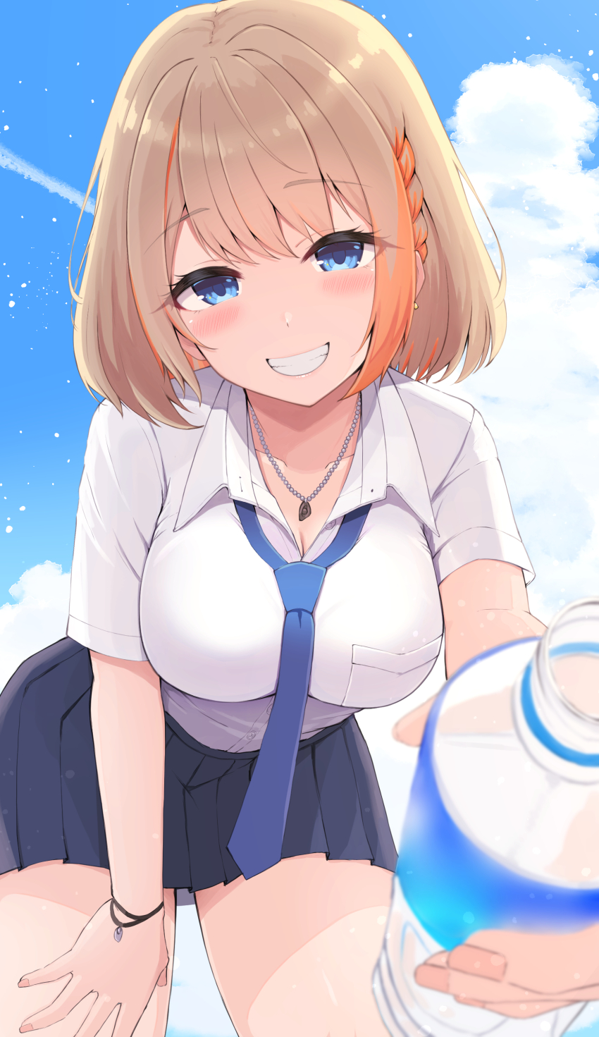 1girl, absurdres, bent_over, black_skirt, blue_eyes, blue_necktie, blue_sky, blurry
