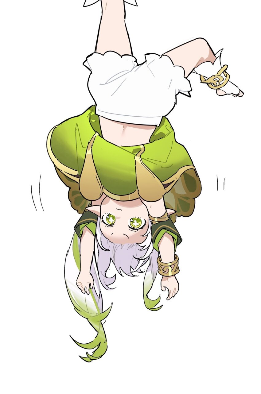 1girl, bloomers, bracelet, clothes_lift, dress, dress_lift, genshin_impact, gradient_hair, green_dress, green_eyes, green_hair, hanging, highres, jewelry, long_hair, multicolored_hair, nahida_(genshin_impact), navel, pointy_ears, pout, socks, solo, toeless_footwear, two-tone_hair, underwear, upside-down, white_bloomers, white_hair, white_socks, yurayura_(mdeh5447)