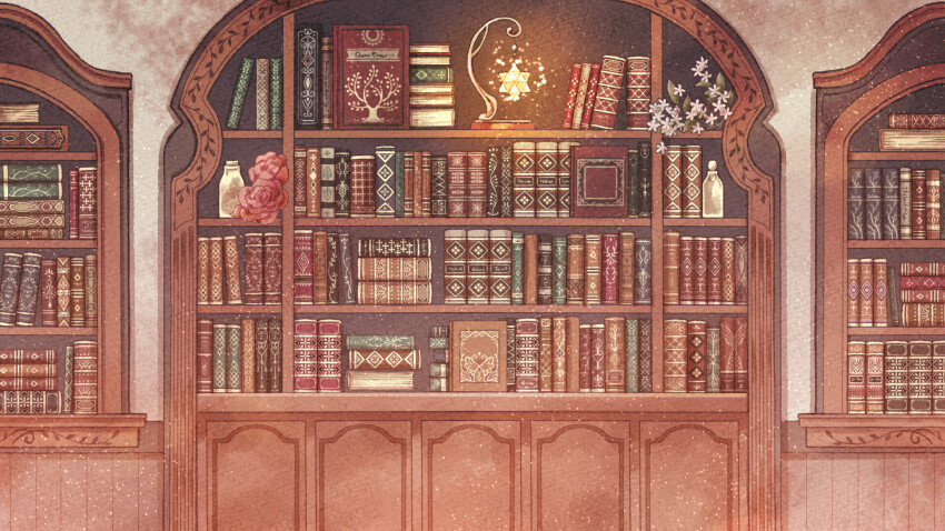 book, bookshelf, bottle, dairoku_ryouhei, flower, highres, indoors, kotori_popo