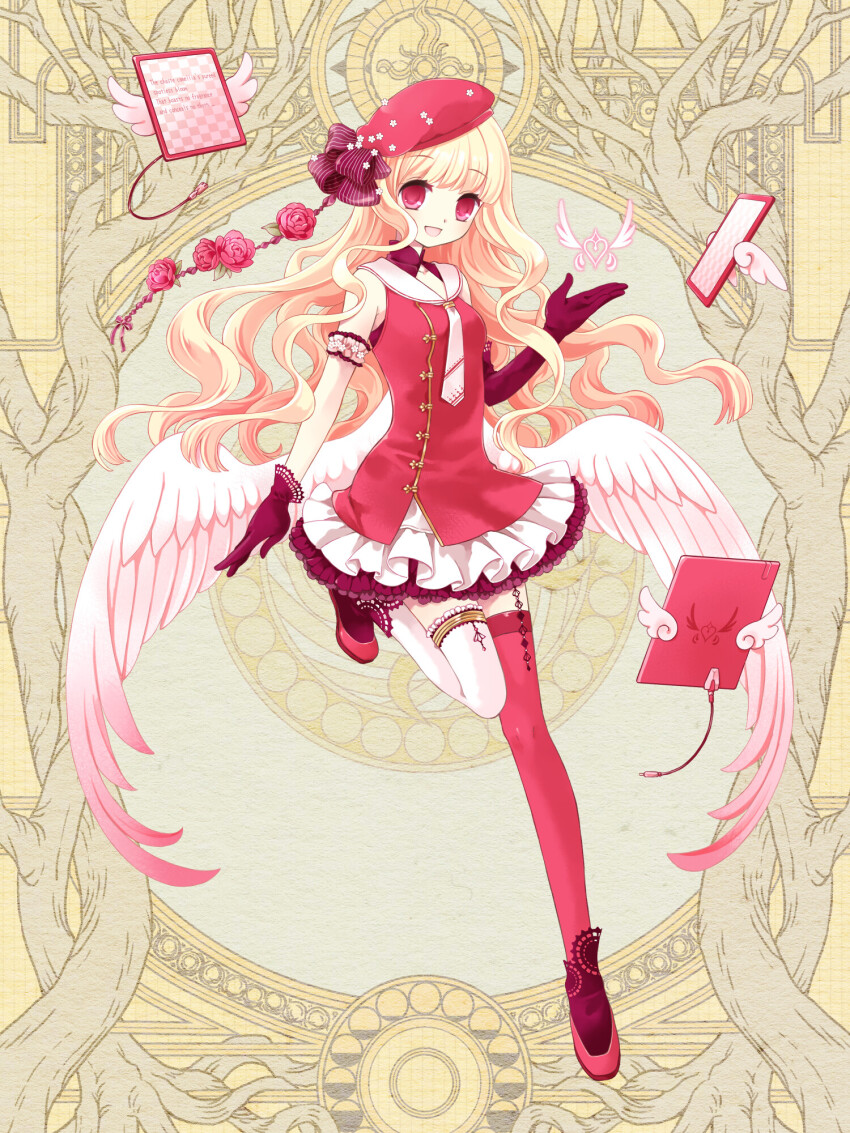 1girl, :d, armband, asymmetrical_gloves, asymmetrical_legwear, beret, black_gloves, blonde_hair, breasts, dairoku_ryouhei, dress, elbow_gloves, flower, full_body, gloves, hair_ornament, hat, highres, iroha_karuta, karuta_(card_game), kotori_popo, long_hair, looking_at_viewer, mismatched_gloves, mismatched_legwear, open_mouth, red_dress, red_eyes, red_footwear, red_hat, sleeveless, sleeveless_dress, small_breasts, smile, solo, standing, standing_on_one_leg, thighhighs, wavy_hair, white_thighhighs, white_wings, wings, yellow_background, yuni_exmachina, zettai_ryouiki