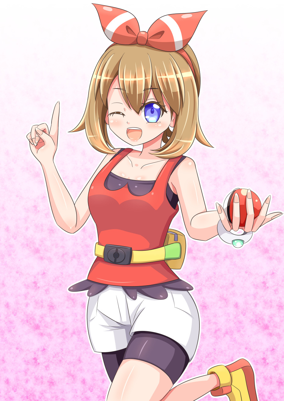 1girl, brown_hair, cherrose, highres, may_(pokemon), nintendo, one_eye_closed, pants