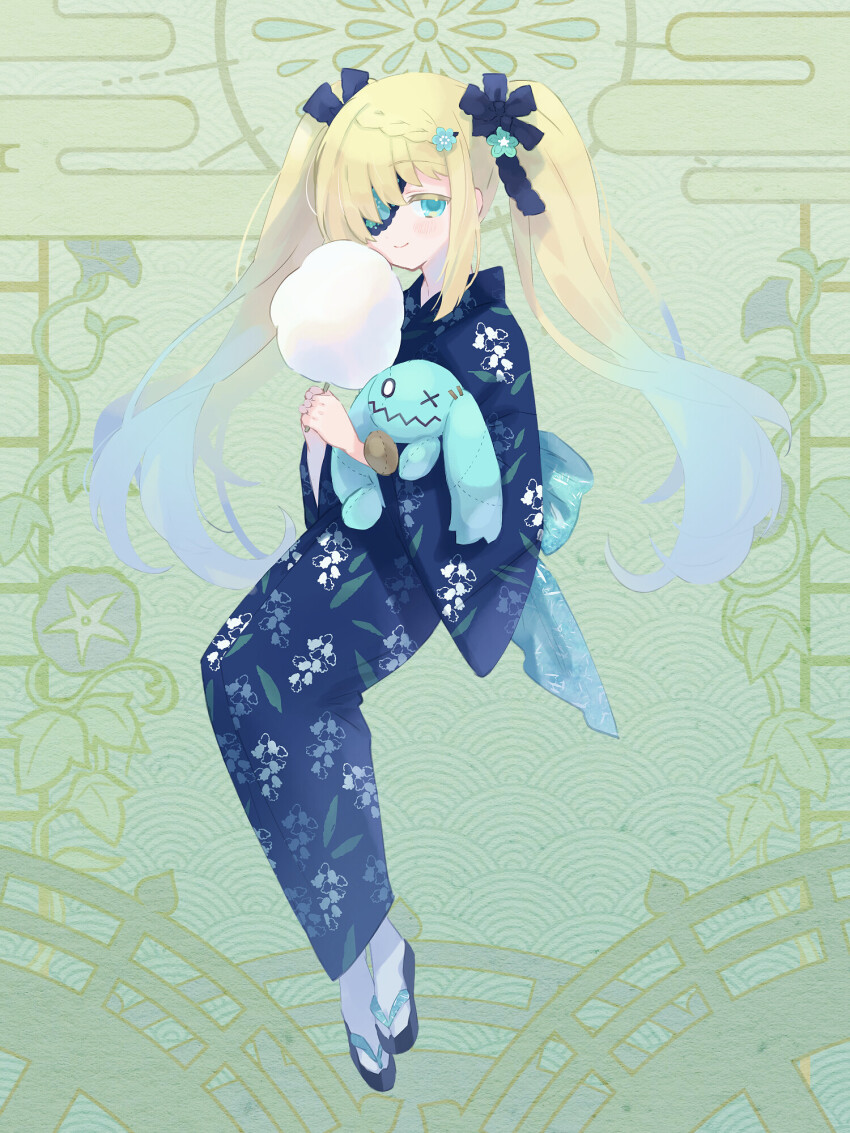 black_bow, blonde_hair, blue_eyes, blue_hair, blue_kimono, blush, bow, braid