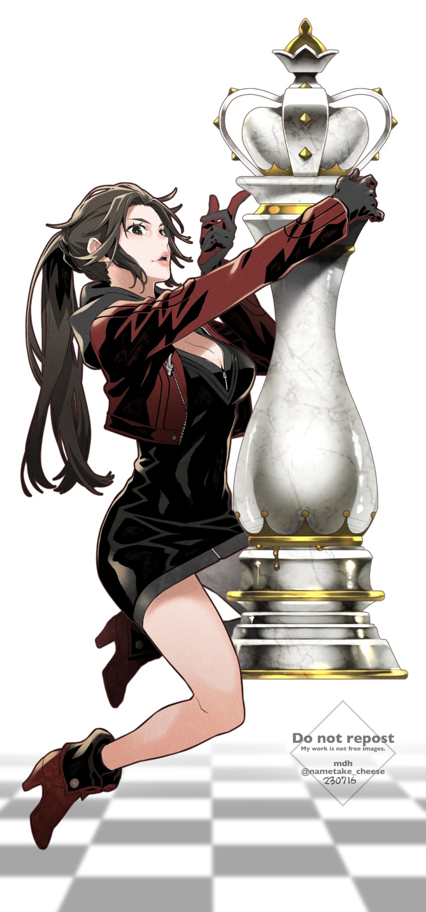 1girl, ai_the_somnium_files, bare_legs, black_eyes, black_hair, boots, boss_(ai_the_somnium_files), breasts