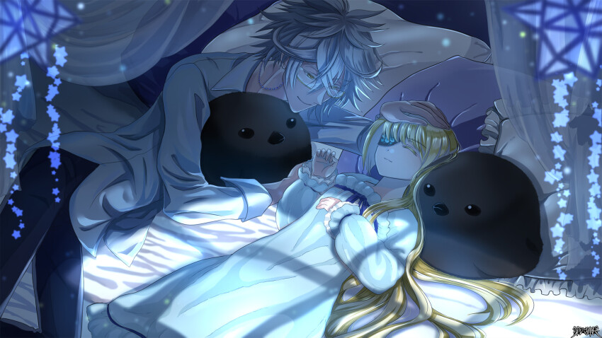 1boy, 1girl, akirakanadome_(rain), bed, bird, black_pants, blonde_hair, blue_pajamas