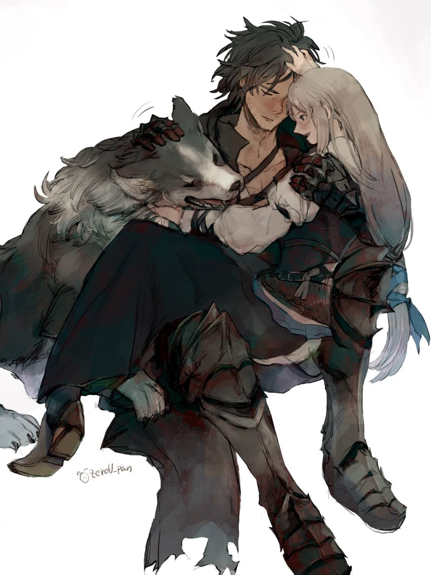 1boy, 1girl, armor, beard, beard_stubble, chinstrap_beard, clive_rosfield, closed_eyes, couple, dress, facial_hair, final_fantasy, final_fantasy_xvi, grey_wolf, hand_on_another's_head, headpat, highres, jill_warrick, petting, sitting, sitting_on_lap, sitting_on_person, smile, stubble, torgal_(ff16), wolf, zerou_pan