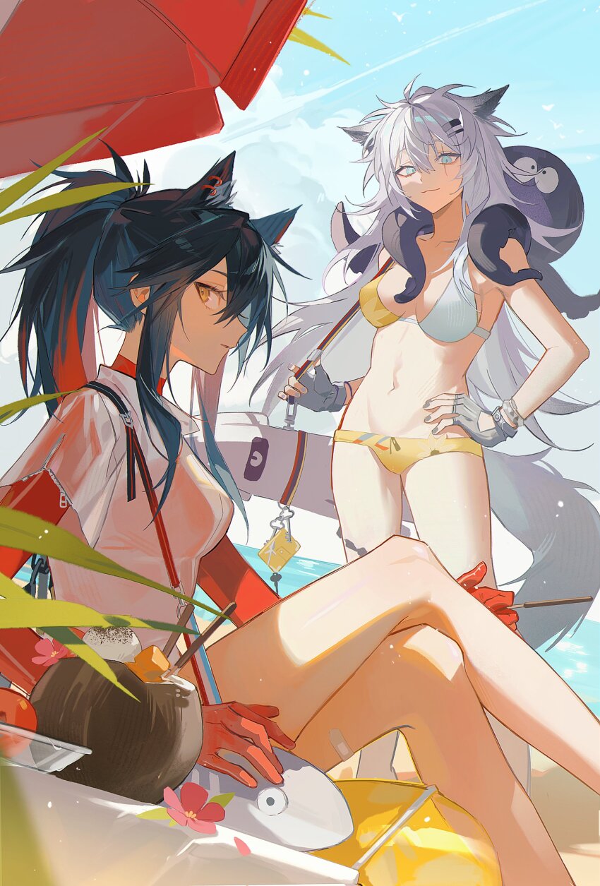 2girls, absurdres, animal_ears, arknights, beach_umbrella, bikini, black_hair, blue_eyes