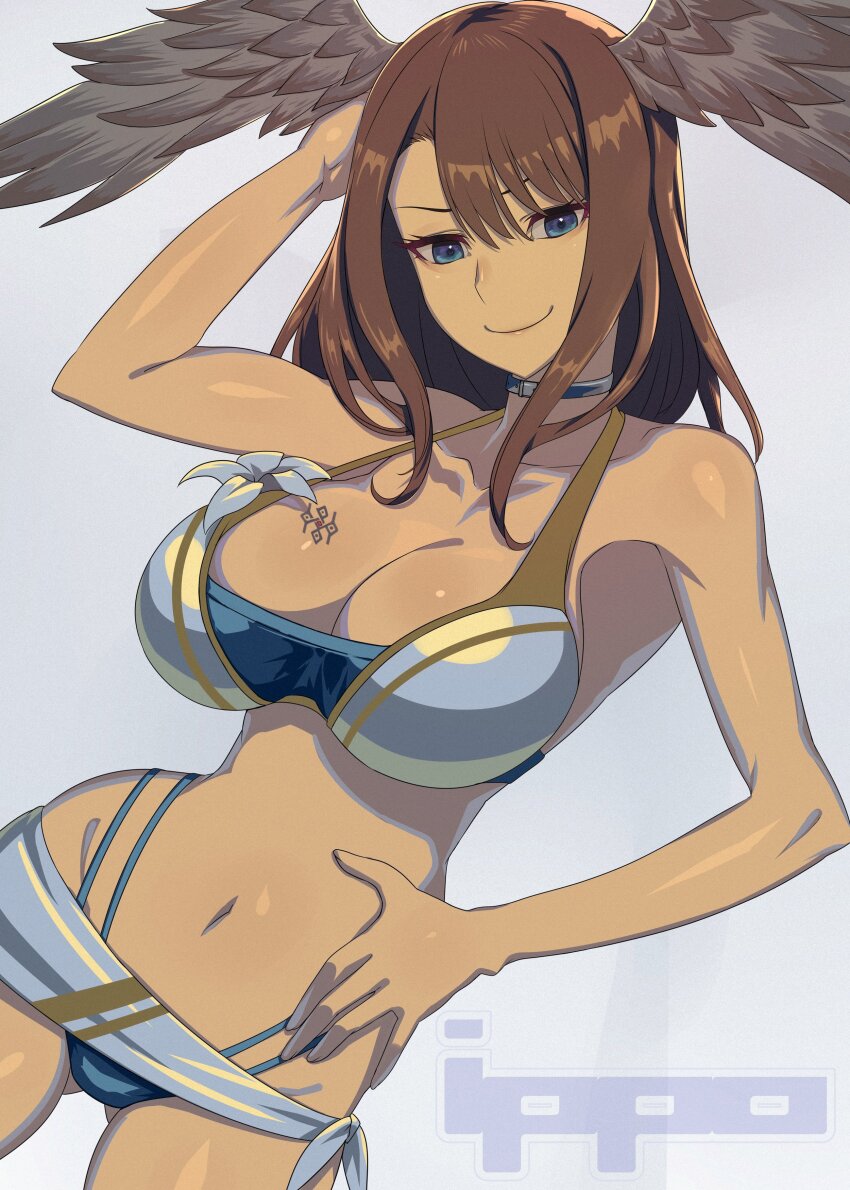 1girl, absurdres, angel_wings, arm_behind_head, bikini, blue_eyes, breast_tattoo, breasts, brown_hair, cleavage, eunie_(xenoblade), hand_on_own_hip, highres, ippo, large_breasts, legs, looking_at_viewer, model_pose, navel, sarong, seductive_smile, short_hair, smile, solo, swimsuit, tattoo, thighs, thong_bikini, wings, wings_on_head, xenoblade_chronicles_(series), xenoblade_chronicles_3