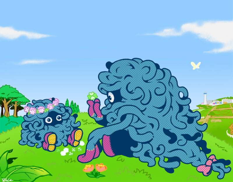 2others, black_eyes, blue_sky, creature, evolutionary_line, expressionless, field, flower, flower_field, full_body, gen_1_pokemon, gen_4_pokemon, grass, head_wreath, looking_at_another, multiple_others, nintendo, no_humans, plant, plant_monster, pokemon, pokemon_(creature), rice_(kotobuki), sitting, sky, tangela, tangrowth, tentacles, tree