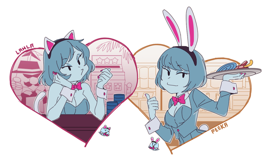 2girls, animal_ears, bob_cut, bow, bowtie, breasts, casino, cat_ears