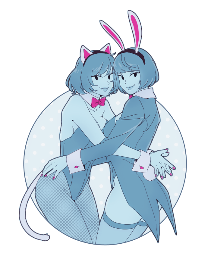 2girls, animal_ears, blue_skin, bob_cut, bow, bowtie, breasts, cat_ears