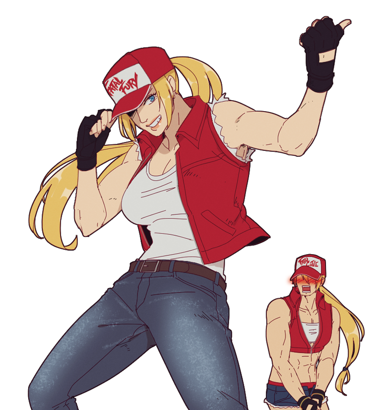 1boy, 1girl, adjusting_clothes, adjusting_headwear, bandeau, belt, blonde_hair, blue_eyes, blush, breasts, brown_belt, commentary, cosplay, costume_switch, cropped_vest, crossdressing, denim, denim_shorts, dual_persona, embarrassed, fatal_fury, fingerless_gloves, genderswap, genderswap_(mtf), gloves, grin, hanpetos, hat, jeans, large_breasts, long_hair, muscular, muscular_male, pants, ponytail, red_vest, short_shorts, shorts, smile, snk_heroines:_tag_team_frenzy, terry_bogard, torn_cloth, vest, white_bandeau