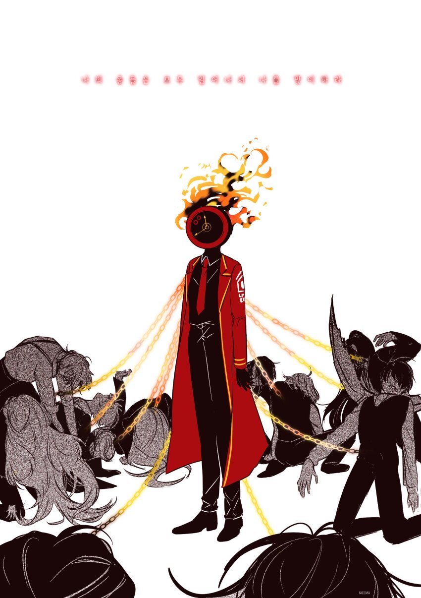 1other, 6+boys, 6+girls, absurdres, arms_at_sides, black_footwear, black_gloves, black_pants, black_shirt, chain, coat, collared_shirt, dante_(limbus_company), don_quixote_(project_moon), facing_viewer, faust_(project_moon), fire, full_body, gloves, gregor_(project_moon), heathcliff_(project_moon), highres, hong_lu_(project_moon), ishmael_(project_moon), korean_text, limbus_company, long_sleeves, meema_(m33m4), meursault_(project_moon), multiple_boys, multiple_girls, necktie, object_head, outis_(project_moon), pants, project_moon, red_coat, red_necktie, rodion_(project_moon), ryoshu_(project_moon), shirt, shoes, simple_background, sinclair_(project_moon), translation_request, white_background, yi_sang_(project_moon)