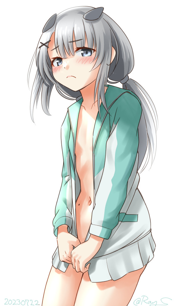 1girl, cowboy_shot, fake_horns, flat_chest, grey_eyes, grey_hair, hood, hoodie