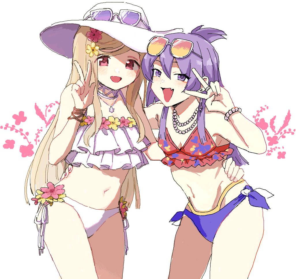 2girls, :d, aika_himena, aika_himena_(swimsuit_costume), artist_collaboration, bead_bracelet, bead_necklace, beads, bikini, blonde_hair, blue_bikini, blunt_ends, blush, boyano, bracelet, choker, cowboy_shot, earrings, eyewear_on_head, flower, flower-trimmed_bikini, frilled_bikini, frills, hair_flower, hair_ornament, half_updo, hand_on_another's_hip, jewelry, kojima_terashi, kurusu_alexandra, kurusu_alexandra_(swimsuit_costume), long_hair, looking_at_viewer, magia_record:_mahou_shoujo_madoka_magica_gaiden, mahou_shoujo_madoka_magica, mismatched_bikini, multiple_girls, navel, necklace, official_alternate_costume, open_mouth, orange-framed_eyewear, pink_eyes, print_bikini, purple-tinted_eyewear, purple_eyes, purple_hair, red_bikini, ring, side-tie_bikini_bottom, sidelocks, simple_background, smile, sunglasses, swept_bangs, swimsuit, tinted_eyewear, v, very_long_hair, white-framed_eyewear, white_background, white_bikini, white_choker