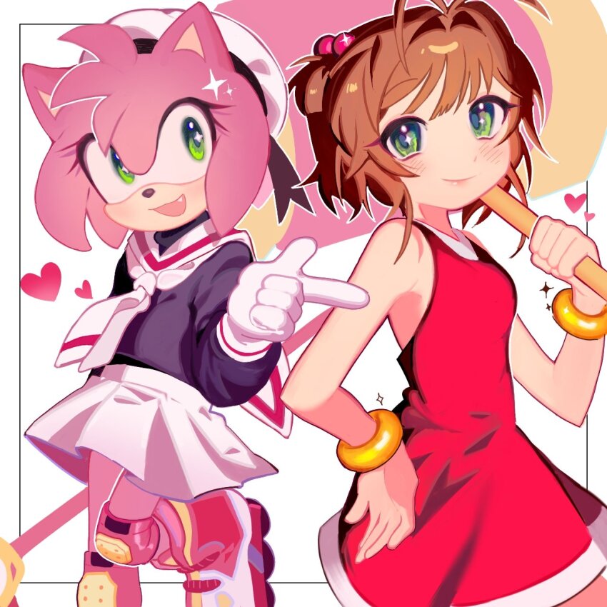 +_+, 2girls, amy_rose, amy_rose_(cosplay), animal_ears, animal_nose, antenna_hair, bare_shoulders, beret, black_ribbon, black_shirt, blush, boots, bracelet, breasts, brown_hair, cardcaptor_sakura, closed_mouth, commentary, cosplay, costume_switch, crossover, dress, english_commentary, eyelashes, fang, furry, furry_female, gloves, gold_bracelet, green_eyes, hair_between_eyes, hair_bobbles, hair_ornament, hammer, hand_up, hat, hat_ribbon, heart, hedgehog_girl, highres, hin_9652, holding, holding_hammer, holding_wand, holding_weapon, jewelry, kinomoto_sakura, kinomoto_sakura_(cosplay), leg_up, long_sleeves, looking_at_another, looking_at_viewer, multicolored_footwear, multiple_girls, necktie, open_mouth, pink_fur, pleated_skirt, puffy_long_sleeves, puffy_sleeves, red_dress, red_footwear, ribbon, sailor_collar, shirt, short_hair, simple_background, skirt, sleeveless, sleeveless_dress, small_breasts, smile, sonic_(series), sparkle, standing, standing_on_one_leg, star_(symbol), toy_hammer, two_side_up, wand, weapon, white_background, white_footwear, white_gloves, white_headwear, white_necktie, white_skirt