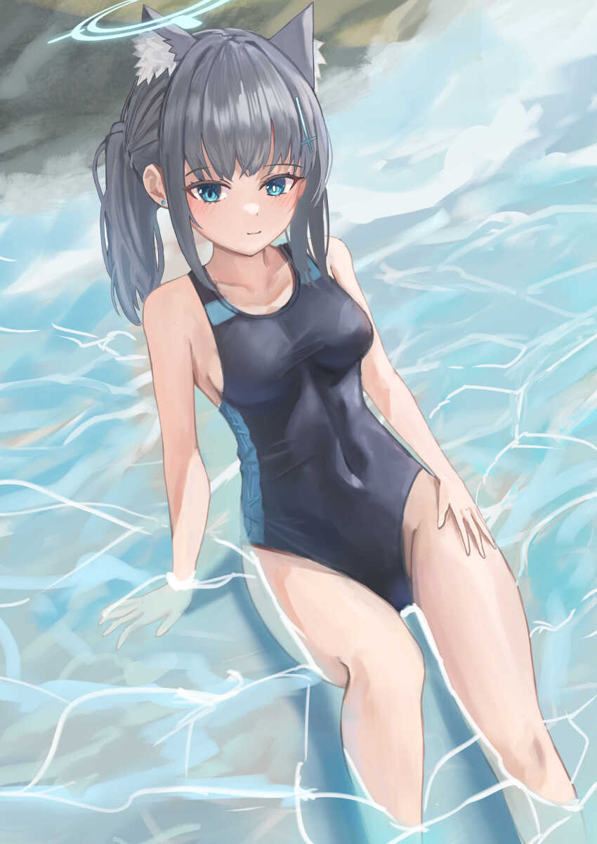 1girl, absurdres, animal_ear_fluff, animal_ears, black_one-piece_swimsuit, blue_archive, blue_eyes, breasts