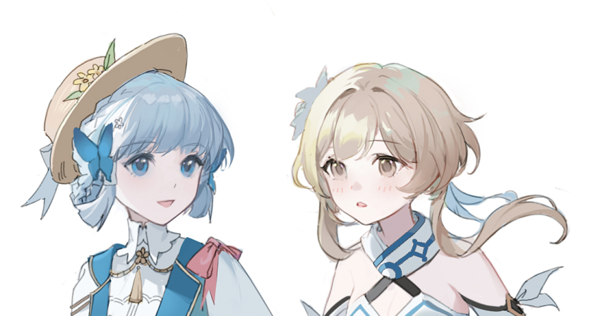 2girls, ayaka_(genshin_impact), bare_shoulders, blonde_hair, blue_bow, blue_eyes, blue_hair, blue_vest