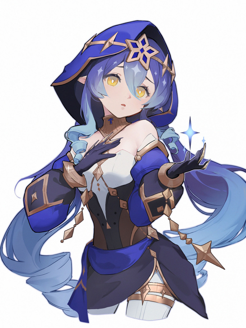 1girl, bare_shoulders, black_corset, blue_hair, blue_hood, bodysuit, breasts, brown_corset, corset, cropped_legs, detached_sleeves, drill_hair, drill_sidelocks, genshin_impact, gloves, gold_trim, gradient_hair, hair_between_eyes, hand_on_own_chest, hands_up, highres, hood, jewelry, layla_(genshin_impact), long_hair, long_sleeves, looking_at_viewer, medium_breasts, multicolored_hair, neck_ring, open_mouth, pointy_ears, puffy_detached_sleeves, puffy_long_sleeves, puffy_sleeves, purple_gloves, purple_hair, purple_skirt, sidelocks, simple_background, skirt, solo, sparkle, standing, star_(symbol), twintails, vsmile, white_background, white_bodysuit, yellow_eyes