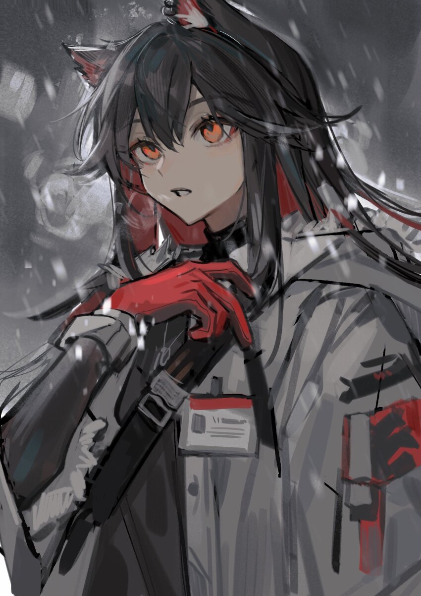 1girl, animal_ear_fluff, animal_ears, arknights, black_hair, black_shirt, breath, colored_inner_hair