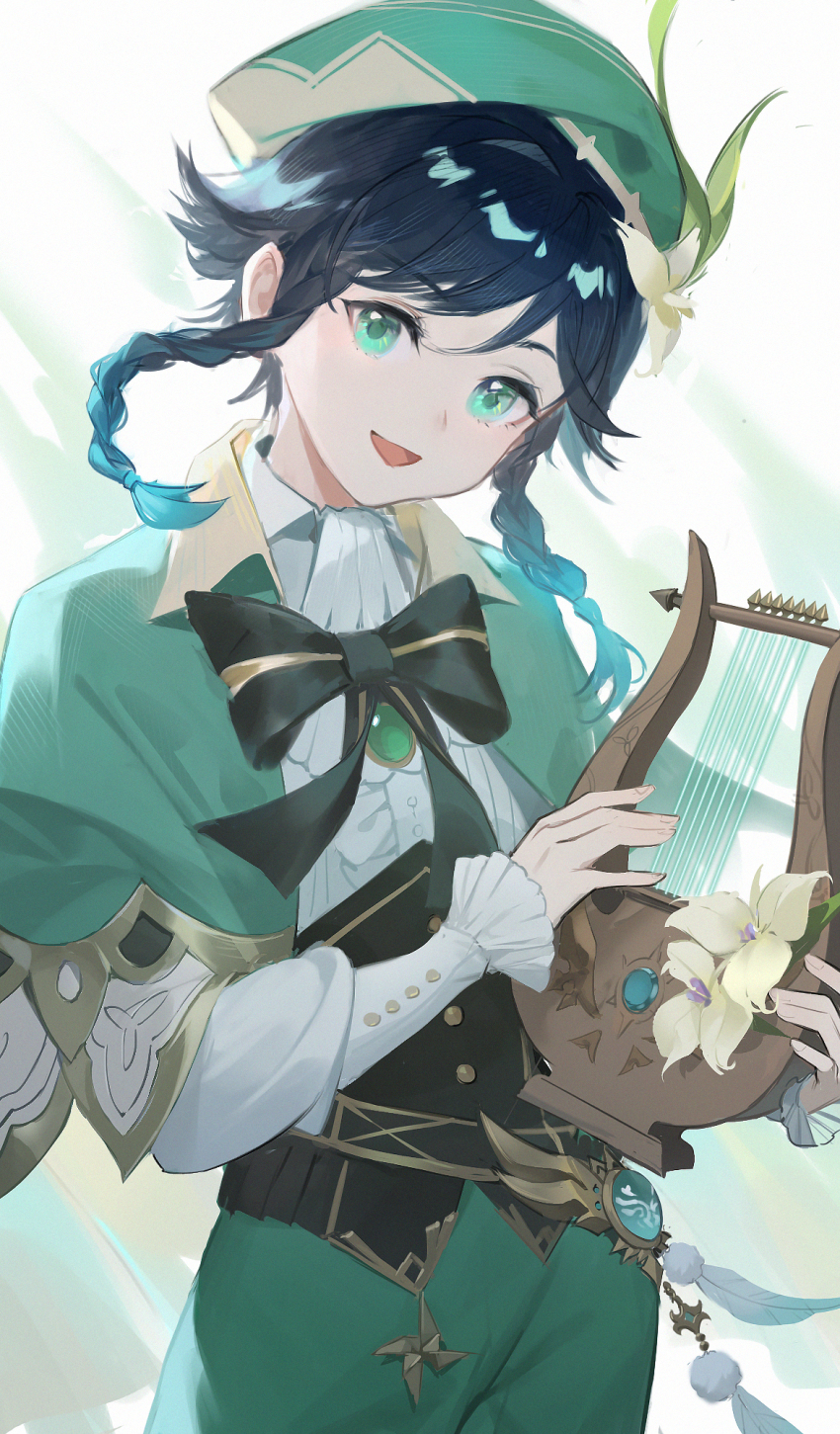 1boy, \||/, androgynous, aqua_eyes, beret, black_bow, black_bowtie, black_corset