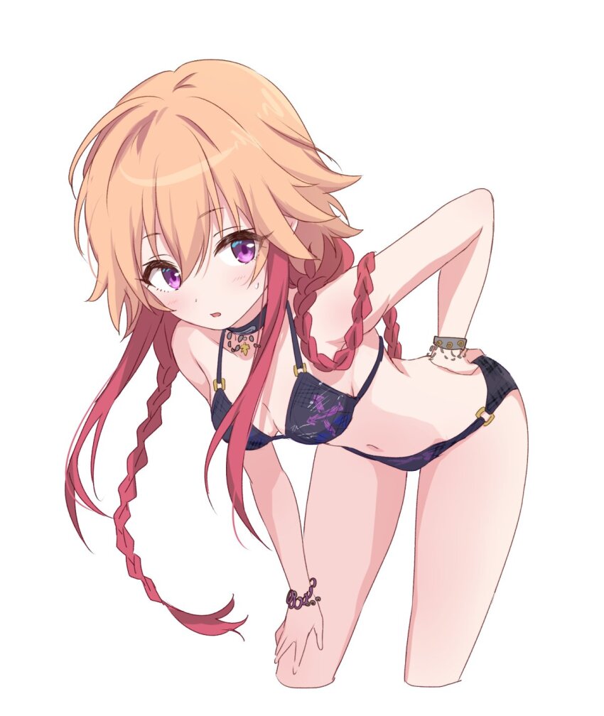 1girl, 2_nostg, bend, bikini, black_bikini, black_choker, bracelet, braid, breasts, choker, cropped_legs, hair_between_eyes, hand_on_own_hip, hand_on_own_leg, highres, idolmaster, idolmaster_cinderella_girls, jewelry, light_blush, light_brown_hair, long_hair, looking_to_the_side, medium_breasts, multicolored_hair, navel, ninomiya_asuka, parted_lips, print_bikini, purple_eyes, red_hair, sidelocks, solo, stomach, sweat, swimsuit, thighs, two-tone_hair, white_background