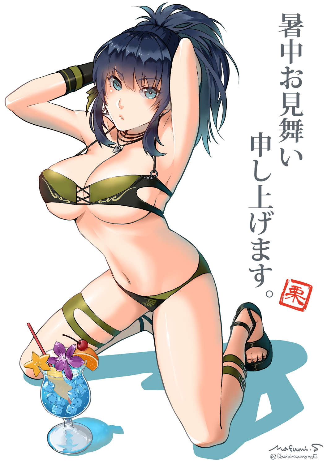 1girl, armpits, arms_behind_head, arms_up, artist_name, bikini, blue_eyes, blue_hair