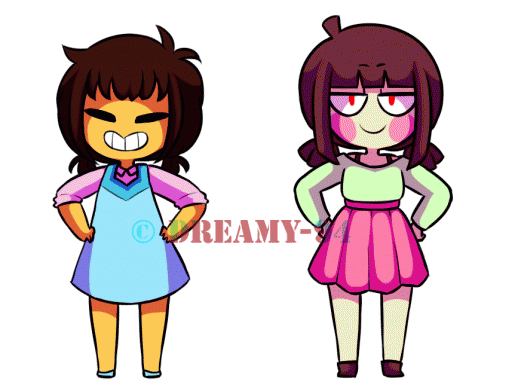 2girls, androgynous, animated, animated_gif, artist_name, blunt_bangs, blush_stickers, brown_eyes, brown_hair, chara_(undertale), closed_eyes, dreamy-94, dress, frisk_(undertale), half-closed_eyes, hands_on_own_hips, multiple_girls, one_eye_closed, panties, pantyshot, red_eyes, short_twintails, smile, solo, twintails, undertale, underwear, utdr_(toby_fox), watermark, wink
