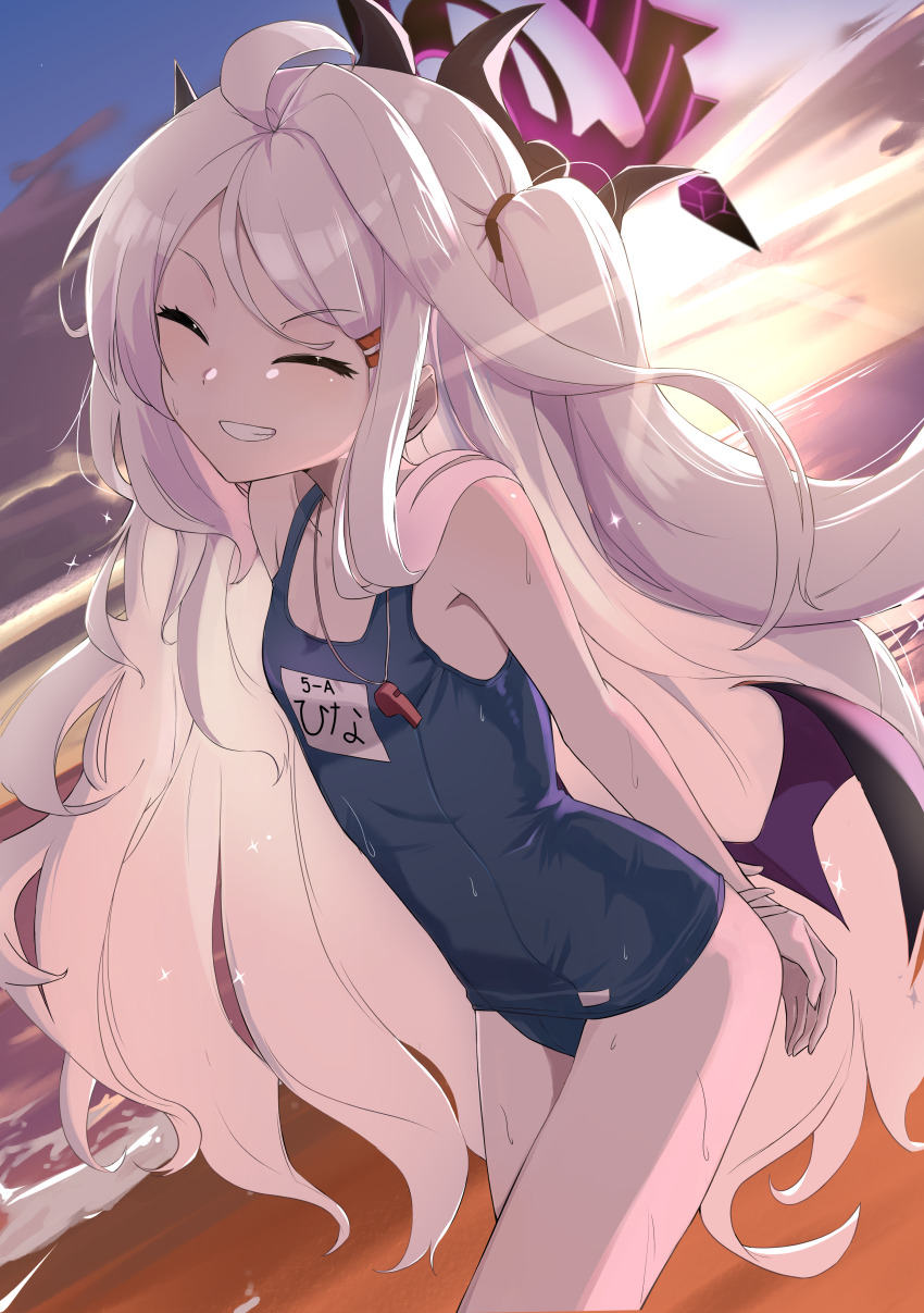 1girl, ^_^, absurdres, ahoge, arms_behind_back, beach, black_wings, blue_archive