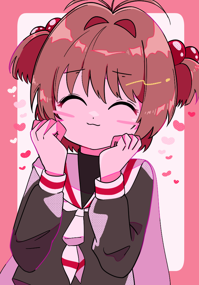 1girl, :3, blush_stickers, border, brown_hair, cardcaptor_sakura, child, framed, heart, kinomoto_sakura, minini_(@mofumofu_alien), outside_border, pink_border, sailor_collar, school_uniform, serafuku, solo, tomoeda_elementary_school_uniform, tomoeda_middle_school_uniform, upper_body, white_sailor_collar