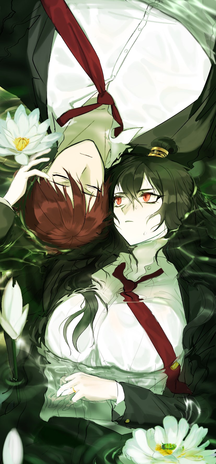 1boy, 1girl, black_hair, black_jacket, closed_mouth, collared_shirt, flower, hair_bun